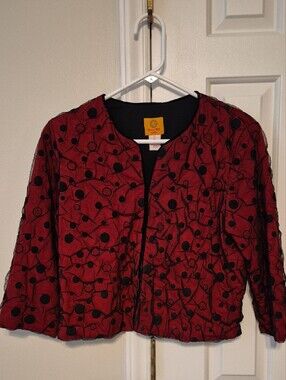 Ruby Rd. Red Blazer with Black Embroidered Dot Vine Overlay